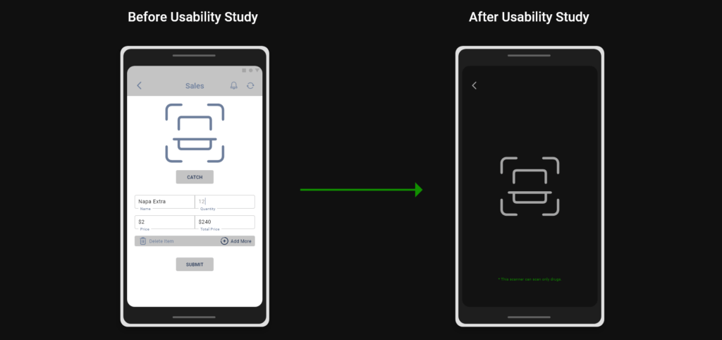 Before and after usability study mockup for Pharmacy Inventory Apps UX Case Study